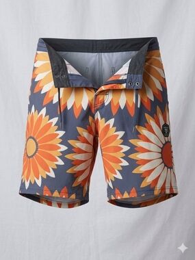 VISSLA Gray Board Shorts with Orange & Cream Sunburst 32